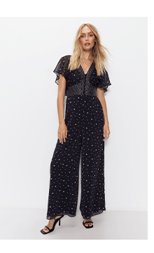 diamante star print short sleeve jumpsuit