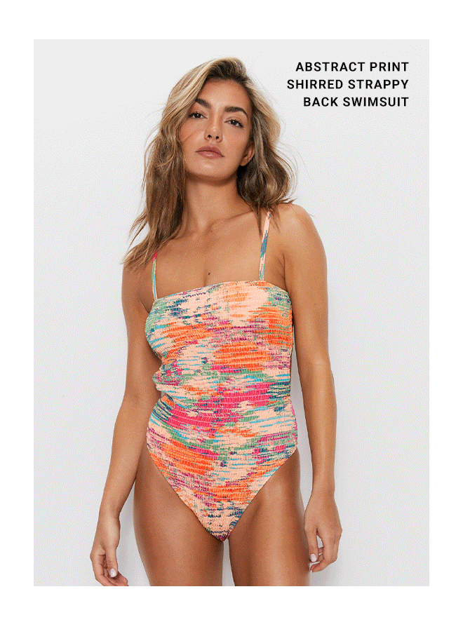 abstract print shirred strappy back swimsuit
