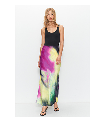 dye print premium satin bias maxi skirt