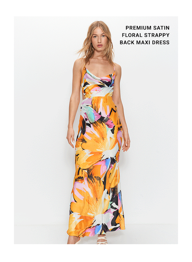 premium satin floral strappy back maxi dress