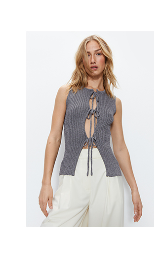 ribbed knit tie front racer top
