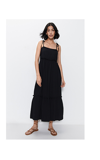 cheesecloth tie shoulder cami midi dress