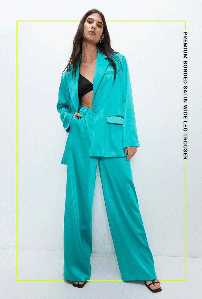 premium bonded satin wide leg trouser
