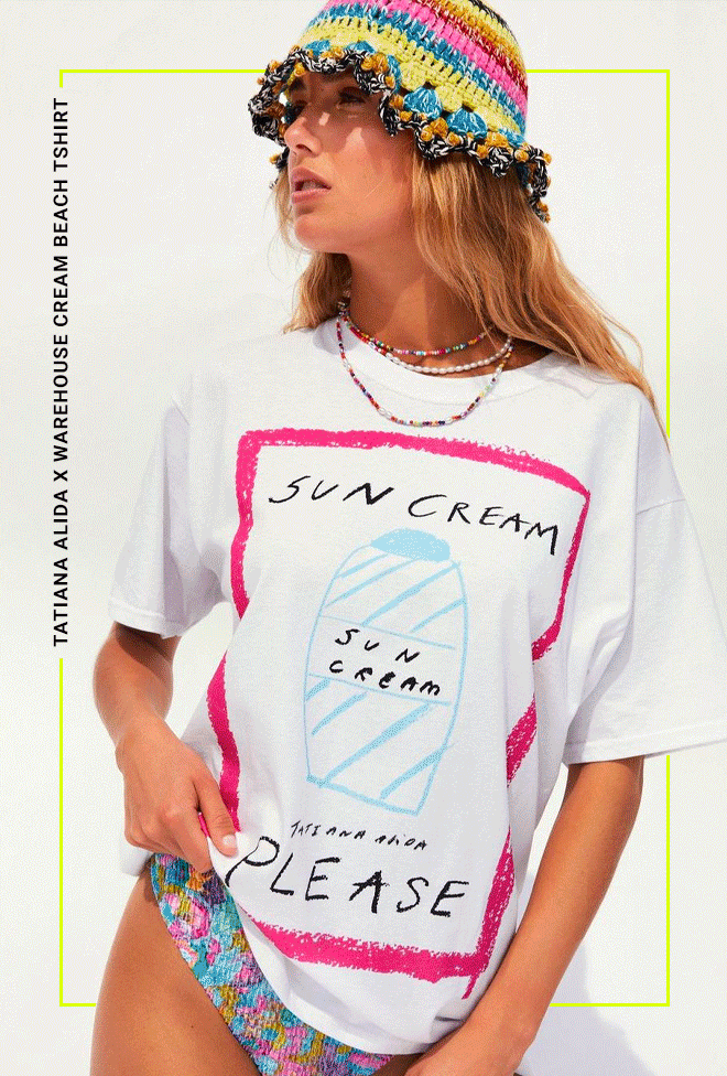 tatiana alida x warehouse sun cream please beach tshirt