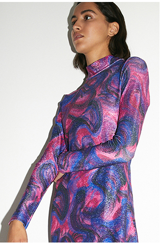 abstract metallic funnel neck midi dress