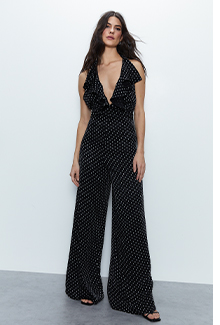 polka satin jacquard ruffle jumpsuit