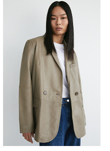 real leather double breasted relaxed blazer