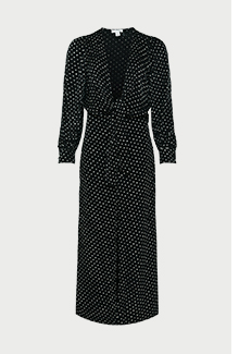 polka satin jacquard knot front midi dress