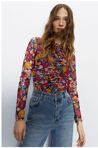 floral print long sleeve ruched top