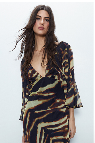animal print fluted sleeve plunge maxi dress