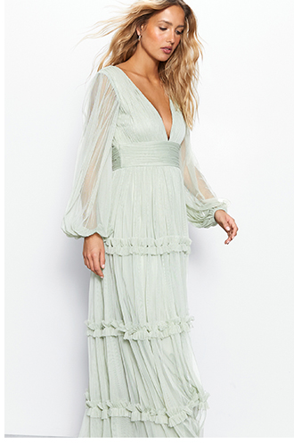 tulle plunge balloon sleeve tiered maxi dress