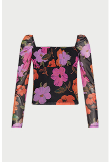 square neck lace trim printed mesh top