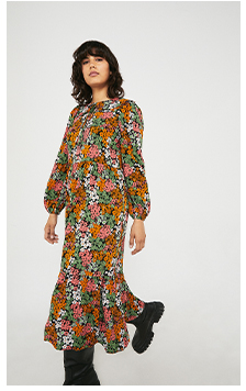 Woven Long Sleeve Floral Collar Midi Dress