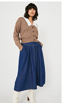 Denim Yoke Detail Midi Skirt