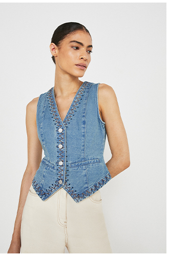 Denim Embroidered Button Front Waistcoat