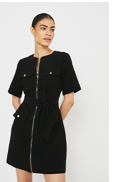 Zip Front Pocket Detail Shift Dress