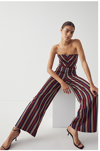 Metallic Stripe Belted Bandeau Jumpsuit