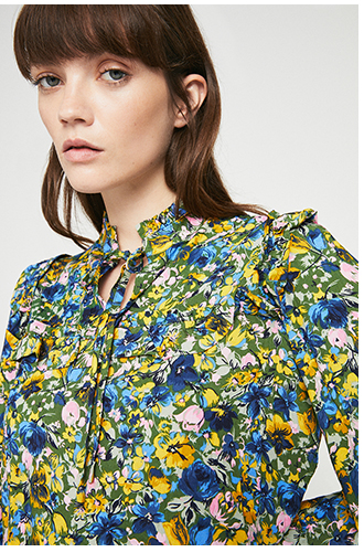 Floral Frill Yoke Tie Neck Blouse