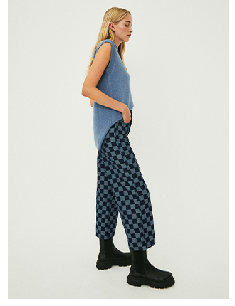 Denim Checkerboard Wide Leg Crop Jeans
