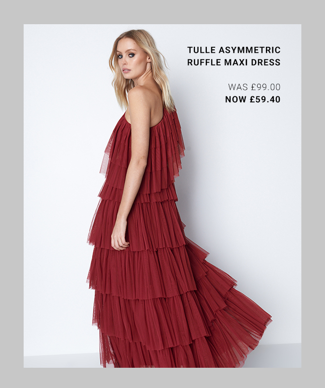tulle asymmetric ruffle maxi dress