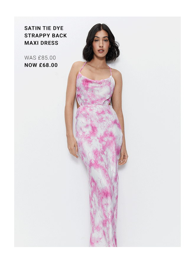 premium satin tie dye strappy back maxi dress