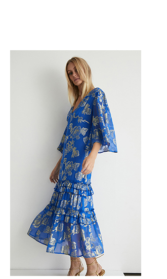 Sparkle Jacquard V Neck Frill Maxi Dress