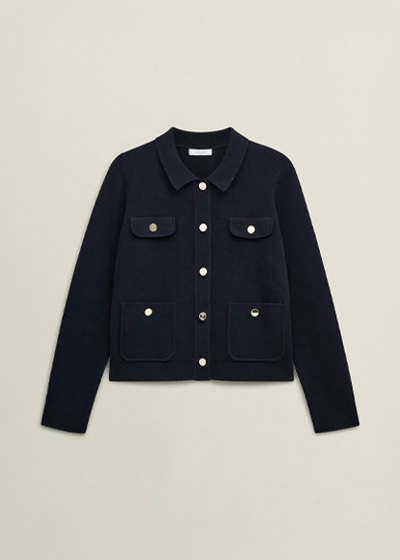 Navy Christa Cotton Pocket Detail Collared Knitted Jacket