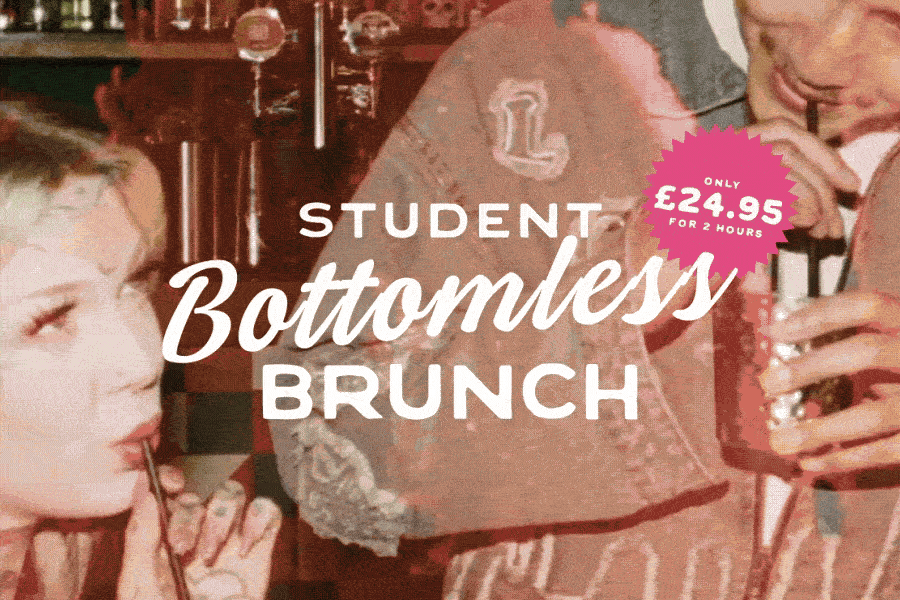 “Animated promotional image showing people at a bar holding cocktails, with text reading ‘Student Bottomless Brunch’ and a price badge stating ‘Only £24.95 for 2 hours’.”