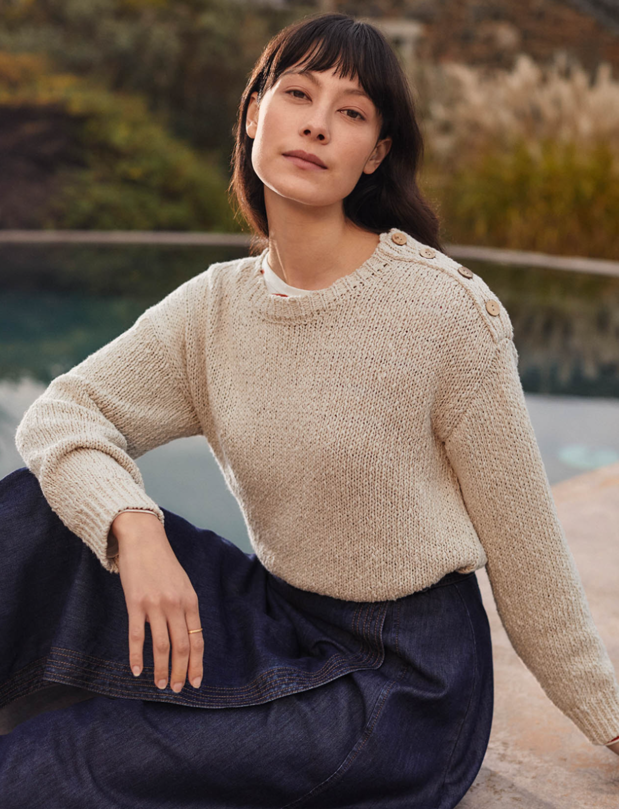 Linen Blend Slub Knit Button Detail Jumper