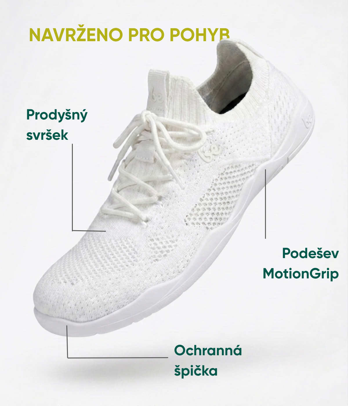 Navrženo pro pohyb  Ochranná špička Podešev MotionGrip Prodyšný svršek