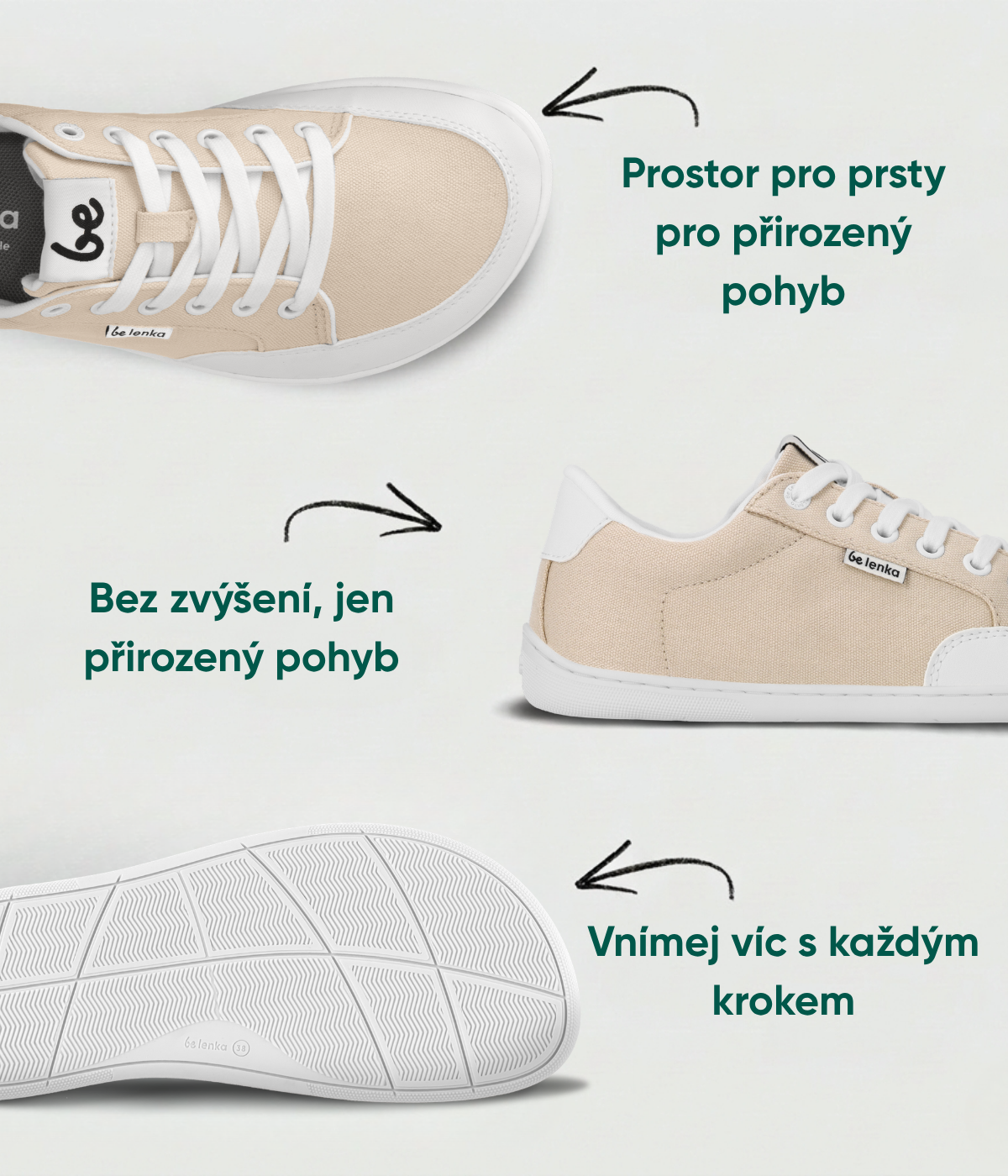Prostor pro prsty pro přirozený pohyb. Vnímej víc s každým krokem. Bez zvýšení, jen přirozený pohyb.