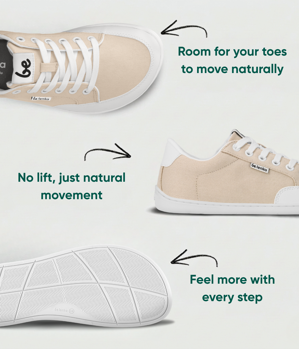 Room for your toes to move naturally. Feel more with every step.  No lift, just natural movement.