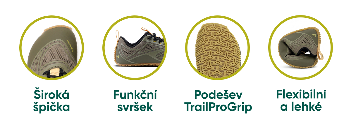 Široký prostor pro prsty Funkční svršek Podešev TrailProGrip Flexibilní a lehké