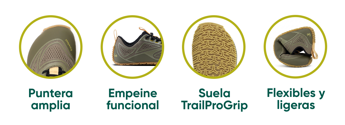 Puntera amplia Empeine funcional Suela TrailProGrip Flexibles y ligeras