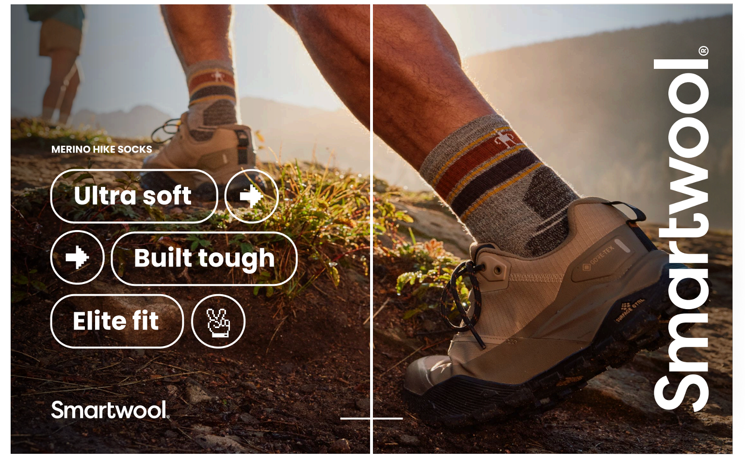 A closeup image of a person walking up a dusty trail. The focus is on the hiking socks.