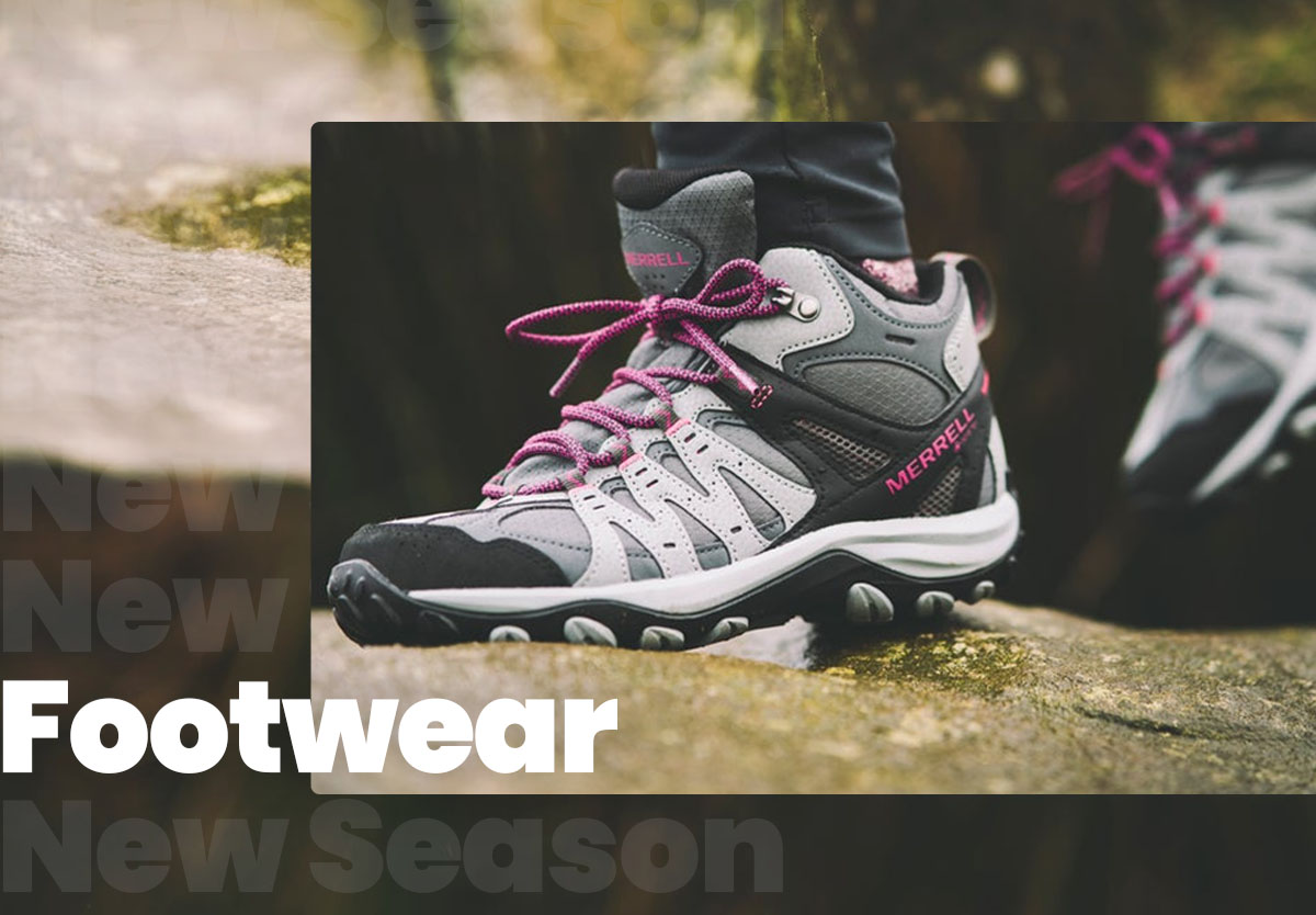 Close up shot of Merrell boot on hike