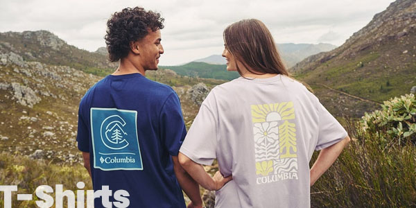 Couple wearing Columbia T-shirts
