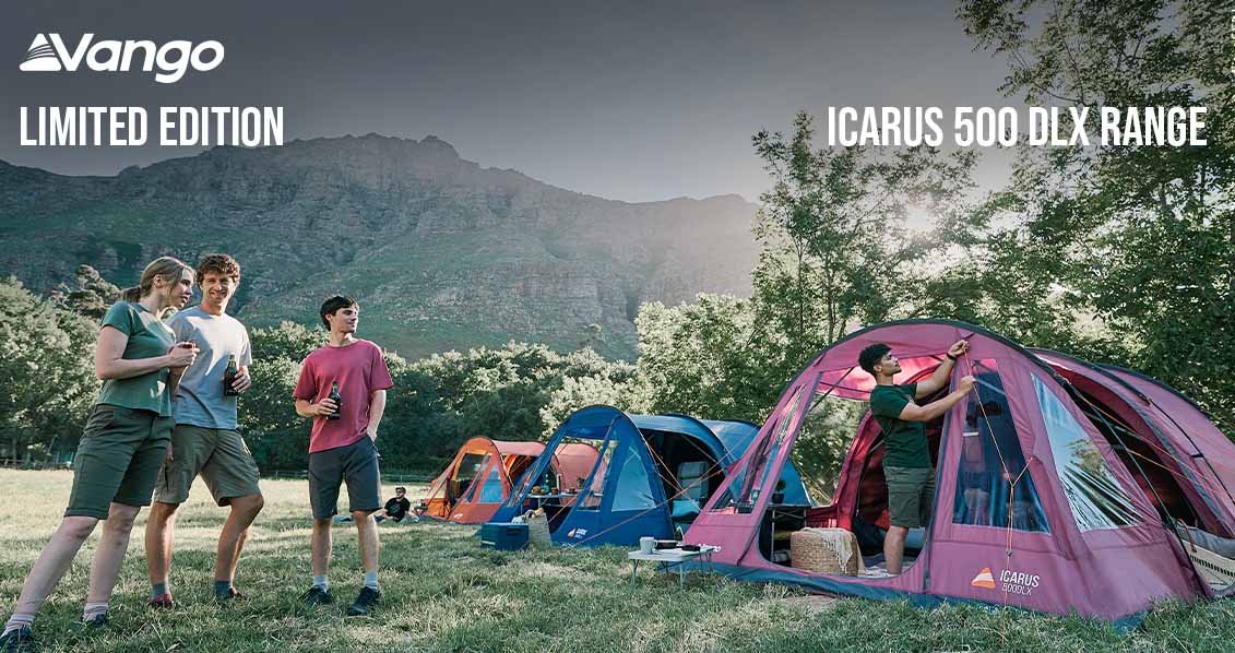 Group of friends standing outside a Vango tent