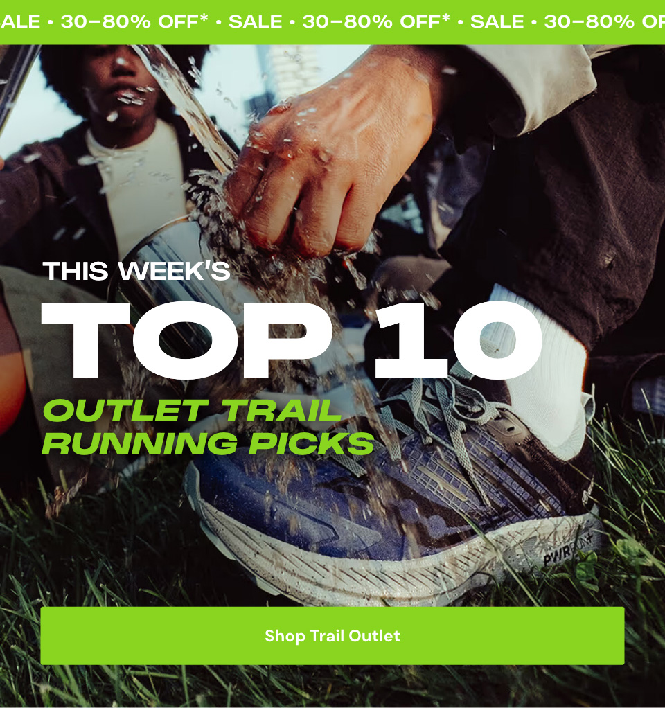 Top strip: SALE - 30-80% OFF* - SALE Copy: THIS WEEK'S TOP 10 OUTLET TRAIL RUNNING PICKS