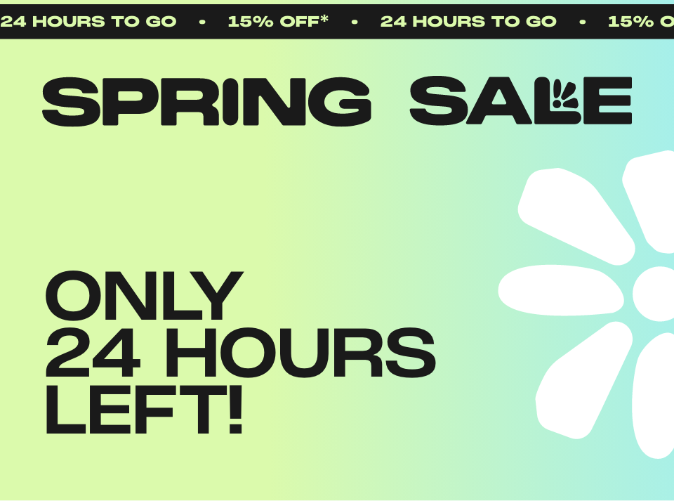 Top strip: 24 HOURS TO GO - 15% OFF* - 24 HOURS TO GO Copy: SPRING SALE Sub copy: SAVE AN EXTRA 15% OFF SPRING SUMMER '26 STYLES* USE CODE: SPRING15 AT CHECKOUT Additional copy: LAST CHANCE TO SAVE, DON'T MISS OUT!