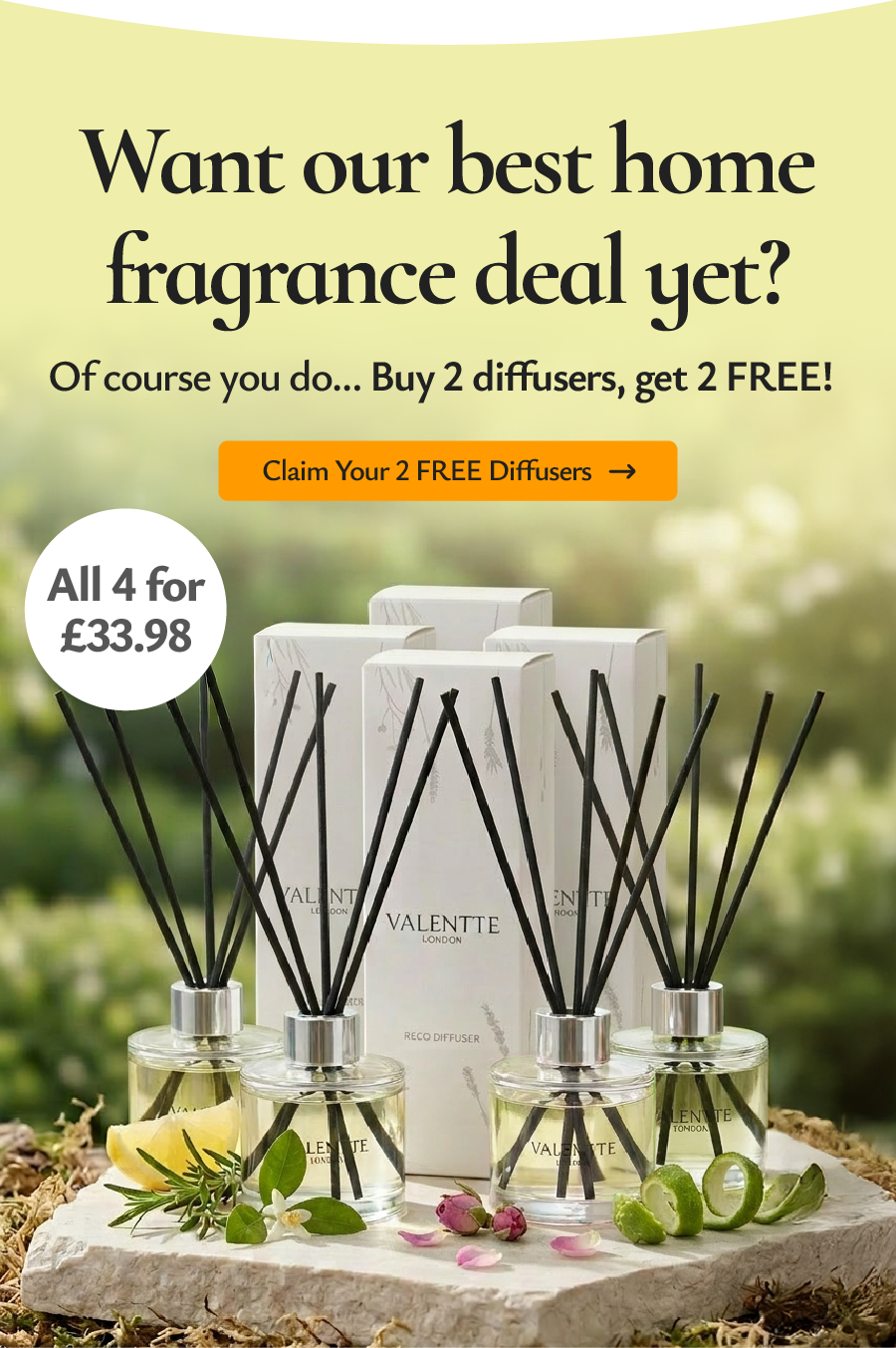 Shop best fragrance deal yet - buy any 2, get 2 more diffusers for free - all for £33.98