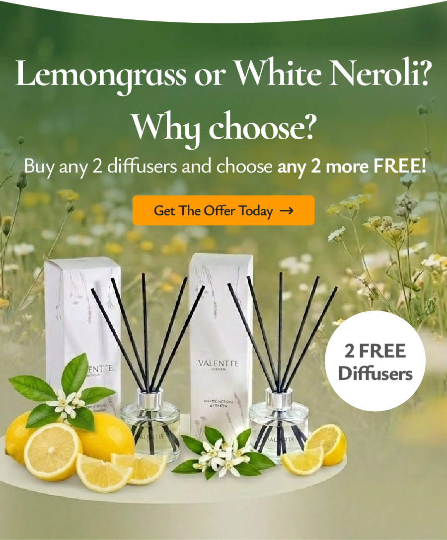 Lemongrass or White Neroli? Why choose? Buy any 2 diffusers and choose any 2 more FREE. 