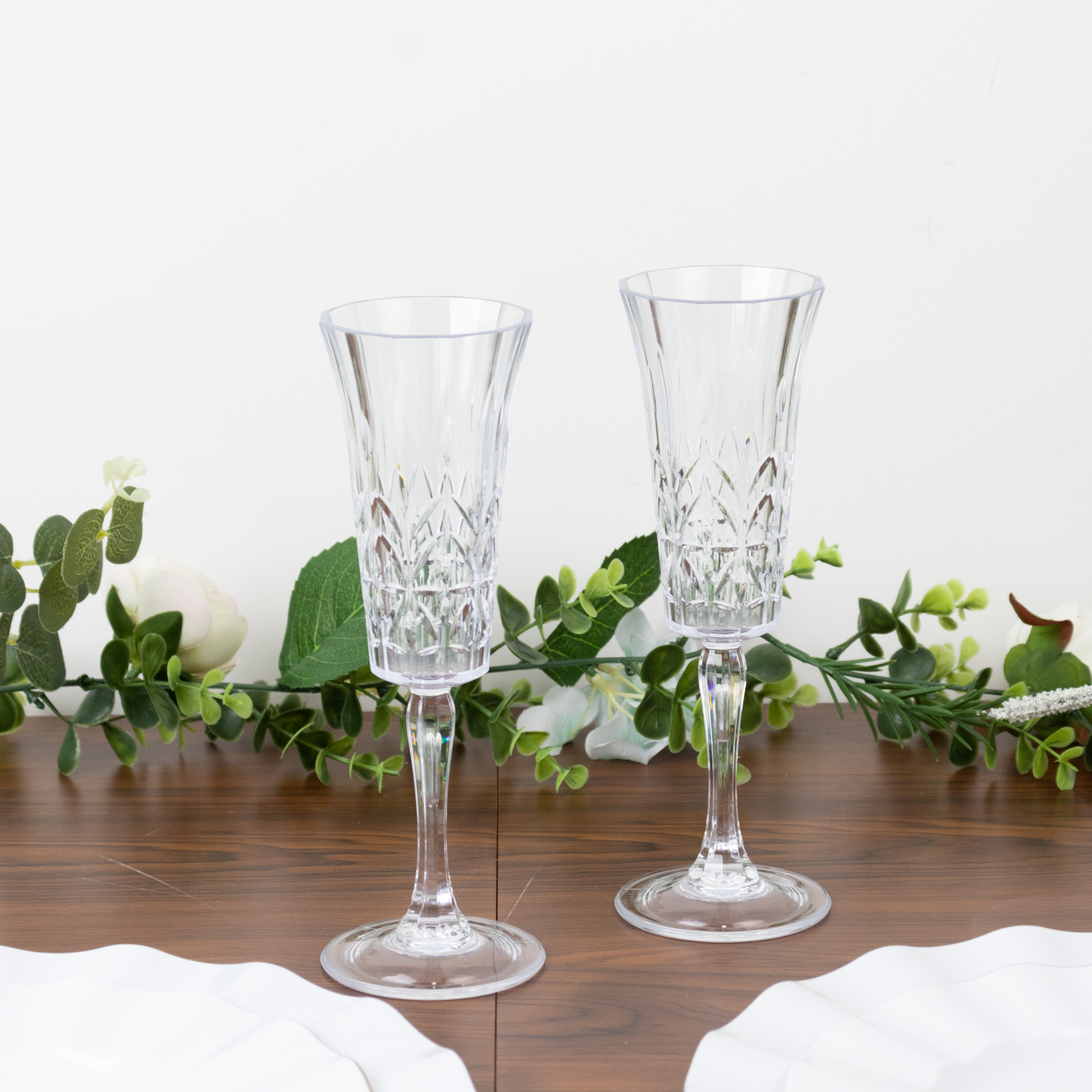 6 Pack 6oz Shatterproof Plastic Champagne Flutes with Embossed Leaf Pattern, Clear Reusable Cocktail Wine Glasses - 8.5''