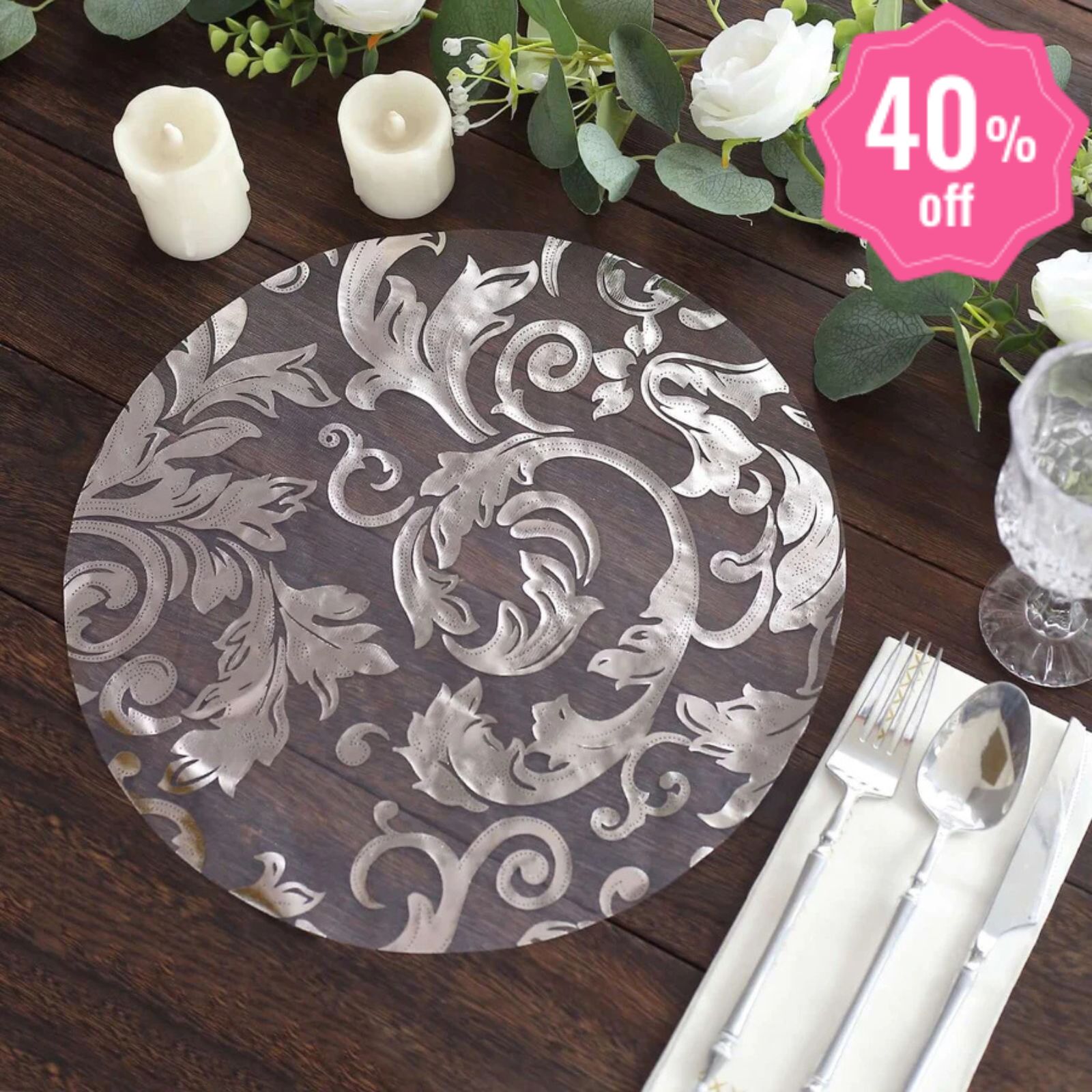 Table Placemats Swirl Foil Floral Design 