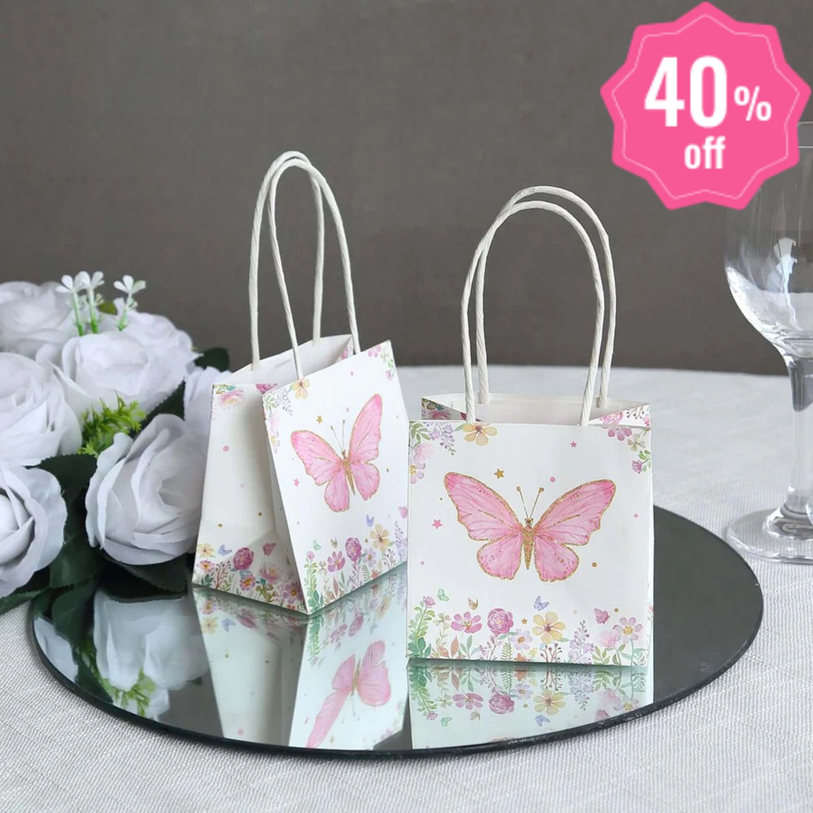 Pink Glitter Butterfly Paper Favor Bags