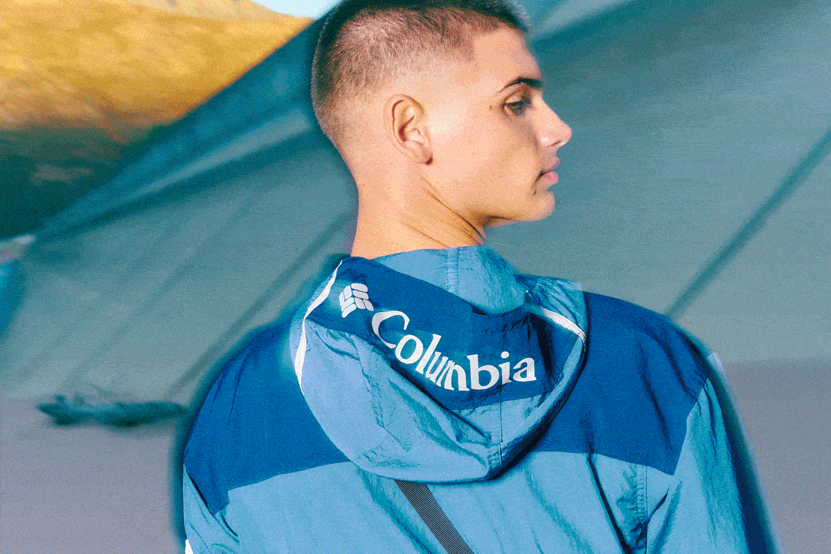 A collection of imagery showcasing people wearing colourfully patterned fleece and t-shirts