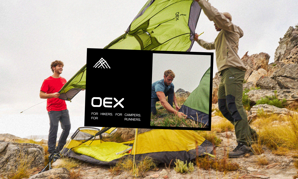 OEX Brand imagery showcasing tents, jackets and holdalls.