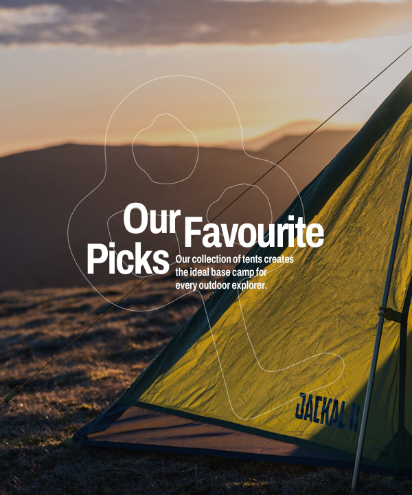 Camping tent pitched on a mountainside at sunrise, with warm golden light illuminating the yellow tent fabric from behind. Rolling hills fade into the background under a soft sky. 