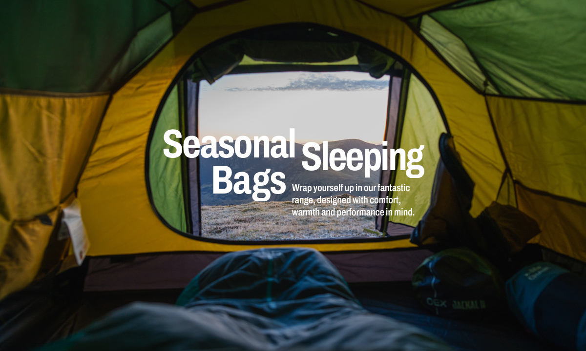 View from inside a camping tent looking out toward a mountainous landscape, with a sleeping bag in the foreground and large overlaid text reading “Seasonal Sleeping Bags.”