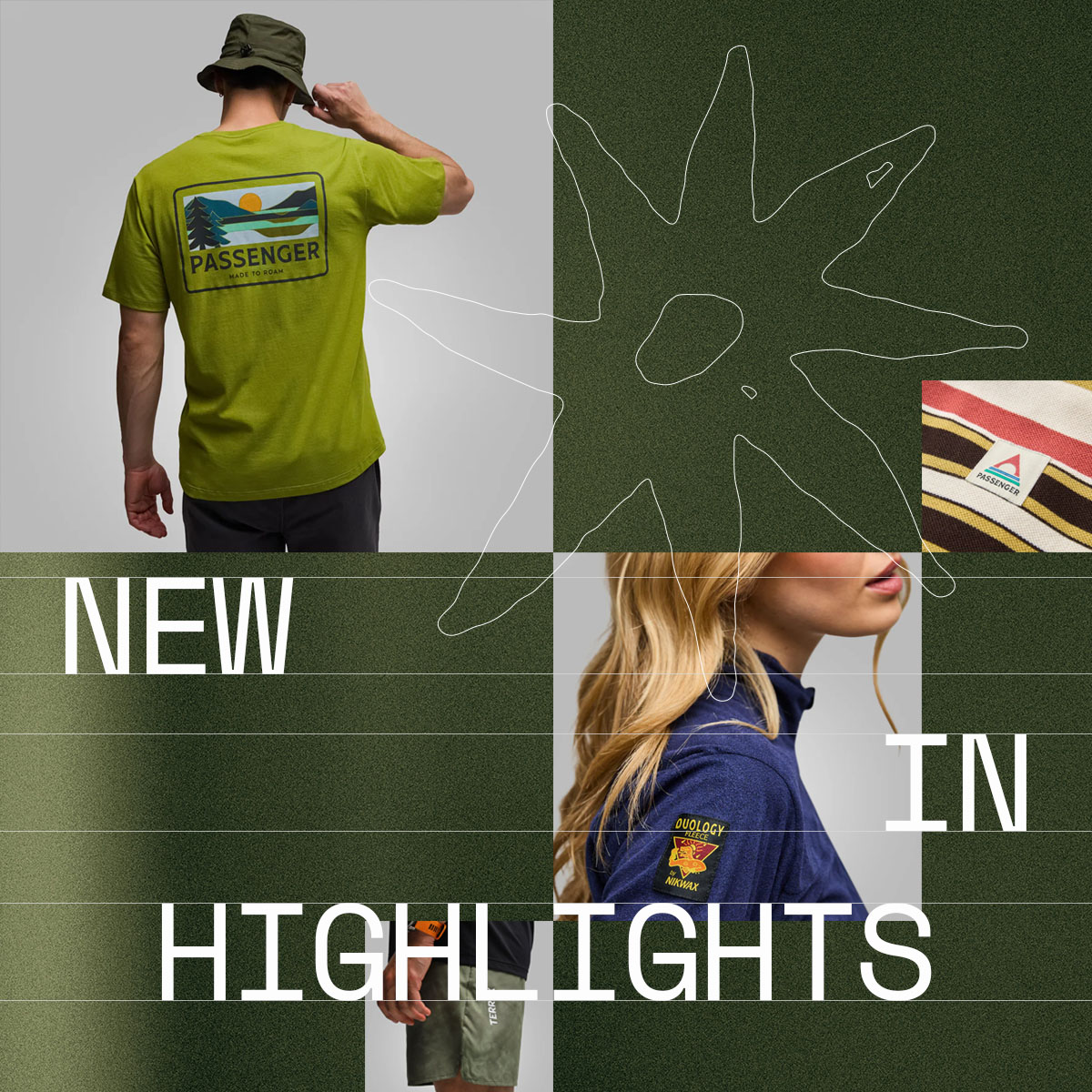 Collage of clothing items including a green graphic T-shirt (back view), a navy fleece with a sleeve patch, and a fabric label detail, overlaid with abstract shapes and the text “New In Highlights.”